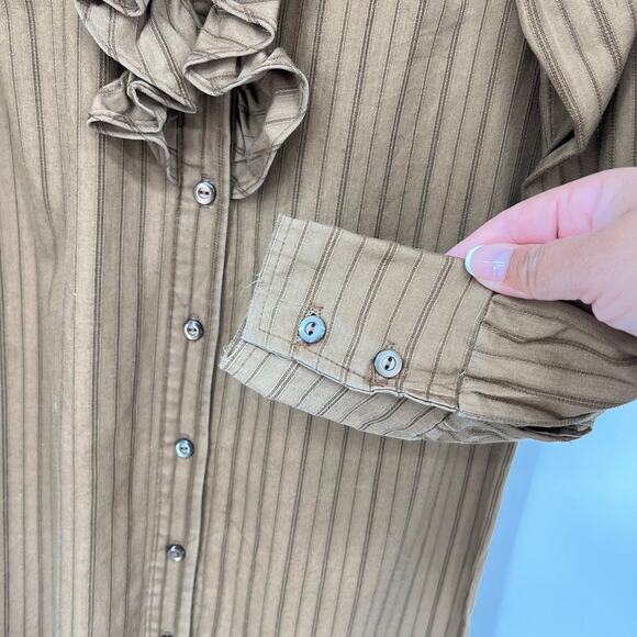 VTG Wash & Wear Brown Pinstriped Ruffled Collar Long Sleeve Dress Girls 11/12 L - Picture 2 of 5